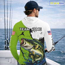 Load image into Gallery viewer, Green Camo Largemouth Bass Hooded Fishing Shirts Long Sleeve, Custom Big Bass Fishing Jerseys NHT481
