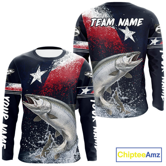 Custom Vintage Chinook Salmon Long Sleeve Patriotic Fishing Shirt For Men, Salmon Texas Flag Fishing Shirt NHT765