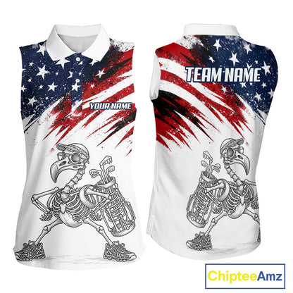 Patriotic Sleeveless Womens Golf Polo Shirt – USA Flag Skull Flamingo Golfer Funny Golf Outfit For Womens NHT780
