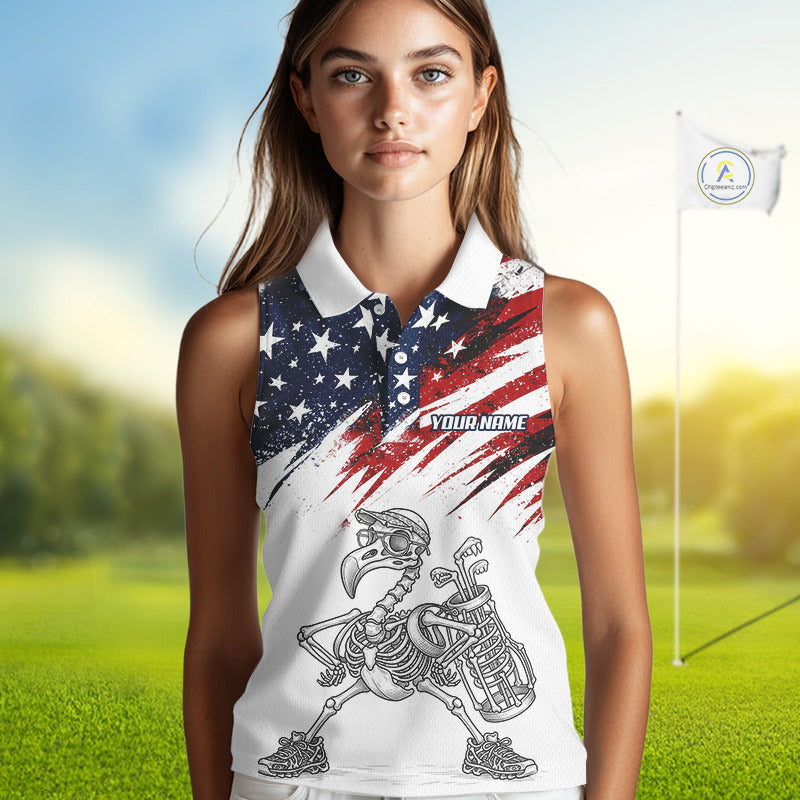 Patriotic Sleeveless Womens Golf Polo Shirt – USA Flag Skull Flamingo Golfer Funny Golf Outfit For Womens NHT780