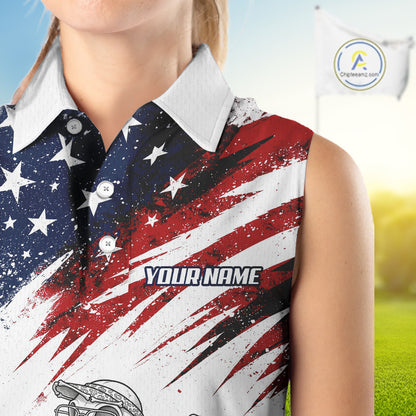 Patriotic Sleeveless Womens Golf Polo Shirt – USA Flag Skull Flamingo Golfer Funny Golf Outfit For Womens NHT780