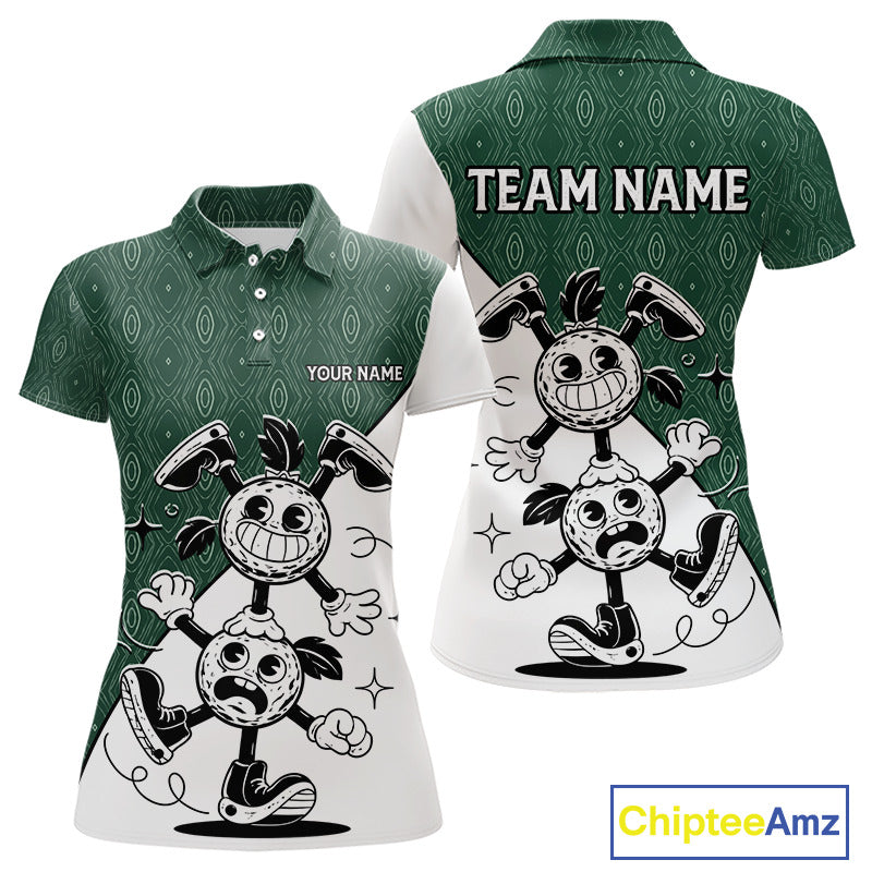 Green White Funny Golf Ball Pattern Womens Golf Polo Shirts Custom Golf Outfits Ladies, Green Golf Tops NHT784