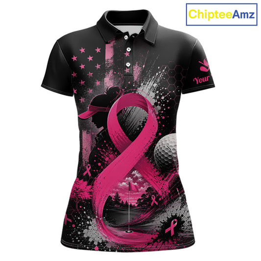 A women's short-sleeve polo shirt with a black base and a vibrant pink and gray graphic print featuring a large pink ribbon, golf ball, stars, and a golfer silhouette. The shirt is displayed on a white background with a 'ChipteeAmz' watermark in the top right corner.