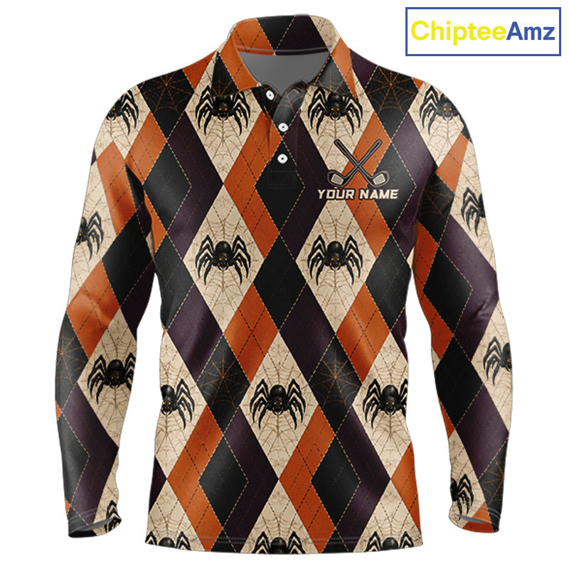 A long-sleeve collared polo shirt with a Halloween-themed argyle pattern in orange, black, and beige, featuring spider and spiderweb motifs, a customizable name print on the chest, and a visible 'ChipteeAmz' brand logo in the top right corner.
