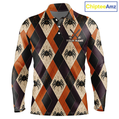 A long-sleeve collared polo shirt with a Halloween-themed argyle pattern in orange, black, and beige, featuring spider and spiderweb motifs, a customizable name print on the chest, and a visible 'ChipteeAmz' brand logo in the top right corner.