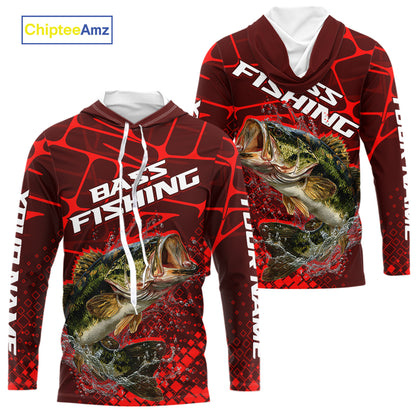 Largemouth Bass Fishing, Fishing Shirts Long Sleeve Hooded UPF Scale, Fishing Gift |Red NHT391