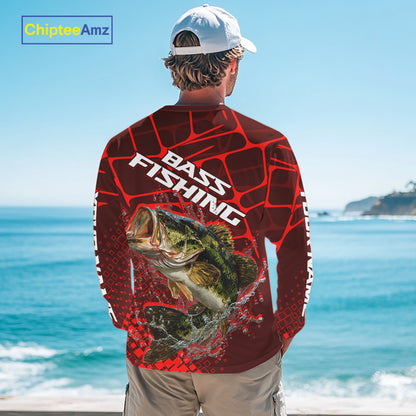 Largemouth Bass Fishing, Fishing Shirts Long Sleeve Scale, Fishing Gift |Red NHT391