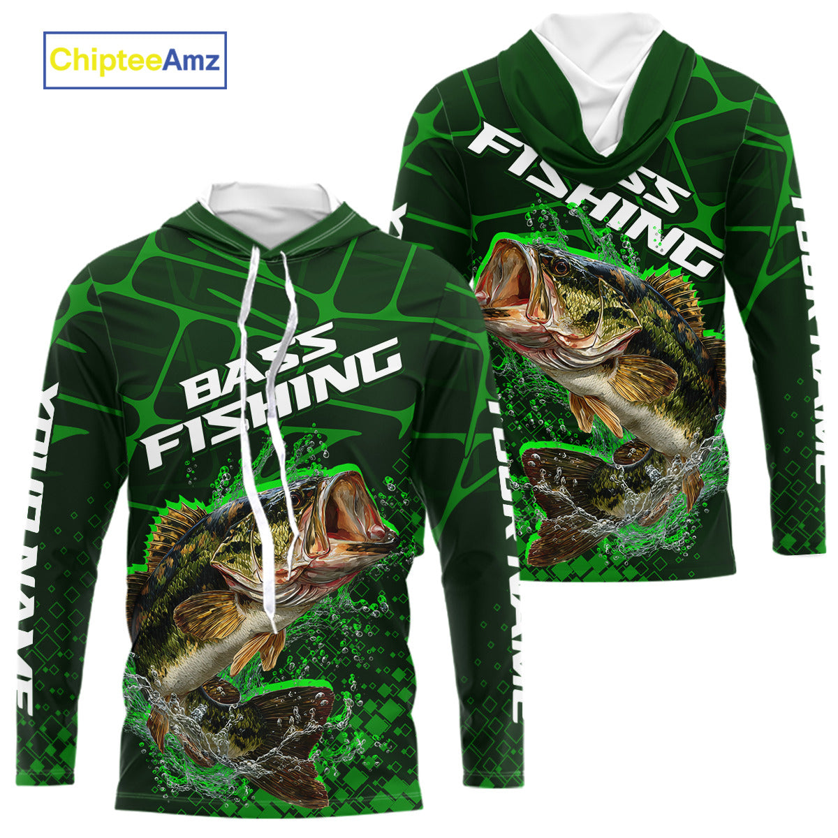 Largemouth Bass Fishing, Fishing Shirts Long Sleeve Hooded Scale, Fishing Gift | Green NHT392