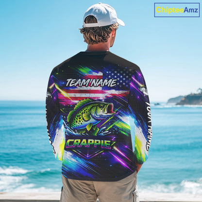 Personalized Crappie Fishing Jerseys, Custom American Flag Fishing Shirts Long Sleeve For Men NHT638