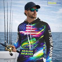 Load image into Gallery viewer, Personalized Mahi Mahi Fishing Jerseys, Custom American Flag Hooded Fishing Shirts Long Sleeve For Men NHT640