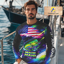 Load image into Gallery viewer, Personalized Mahi Mahi Fishing Jerseys, Custom American Flag Fishing Shirts Long Sleeve For Men NHT640