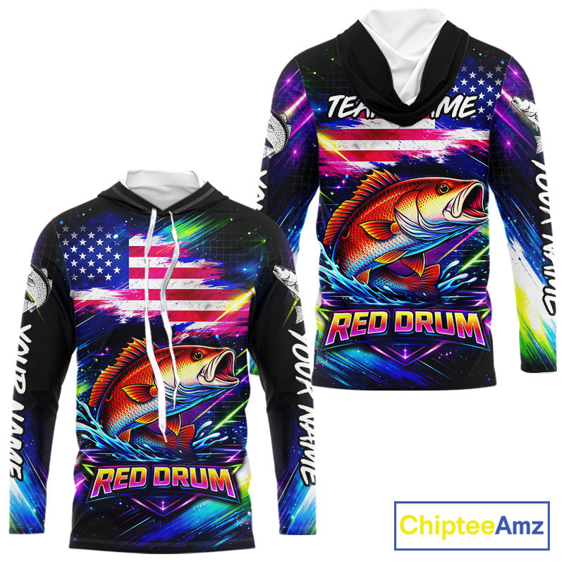 Personalized Redfish Fishing Jerseys, Custom American Flag Hooded Fishing Shirts Long Sleeve For Men NHT641