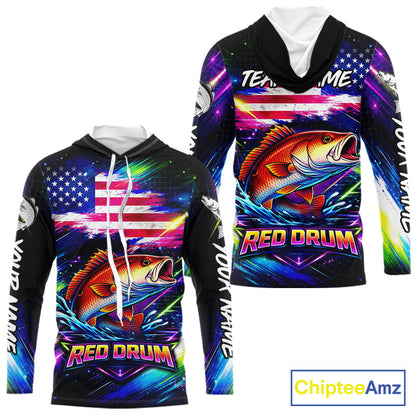 Personalized Redfish Fishing Jerseys, Custom American Flag Hooded Fishing Shirts Long Sleeve For Men NHT641