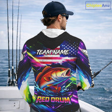 Load image into Gallery viewer, Personalized Redfish Fishing Jerseys, Custom American Flag Hooded Fishing Shirts Long Sleeve For Men NHT641