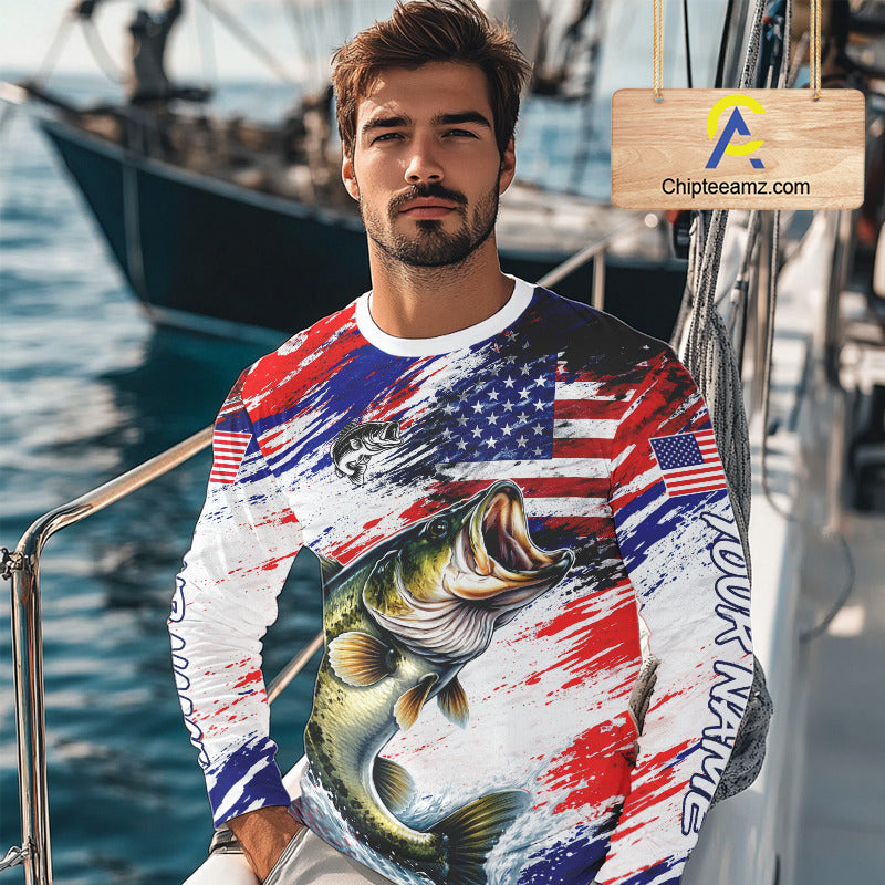 Patriotic Bass Fishing Tournament Shirts, Personalized American Flag Bass Fishing Jerseys NHT497