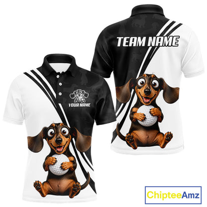 Front and back views of a custom polo shirt featuring a cartoon dachshund holding a golf ball. The front is white with black diagonal stripes, a dog graphic, and 'YOUR NAME' text.