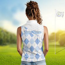 Load image into Gallery viewer, Personalized Blue White Argyle Plaid Pattern Womens Sleeveless Golf Polo Shirts, Blue Golf Tops For Womens NHT674