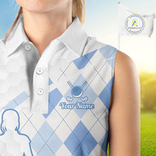Load image into Gallery viewer, Personalized Blue White Argyle Plaid Pattern Womens Sleeveless Golf Polo Shirts, Blue Golf Tops For Womens NHT674