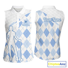 Load image into Gallery viewer, Personalized Blue White Argyle Plaid Pattern Womens Sleeveless Golf Polo Shirts, Blue Golf Tops For Womens NHT674