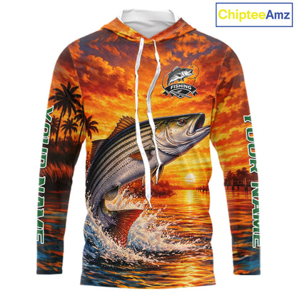 Personalized Striped Bass Fish Hooded Fishing Shirt Long Sleeve – Sunset Ocean Design NHT711