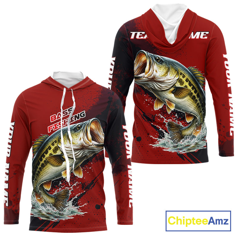 Bass Fishing Red Camo Custom Name UV Protection Fishing Shirts Long Sleeve Hooded For Men NHT528