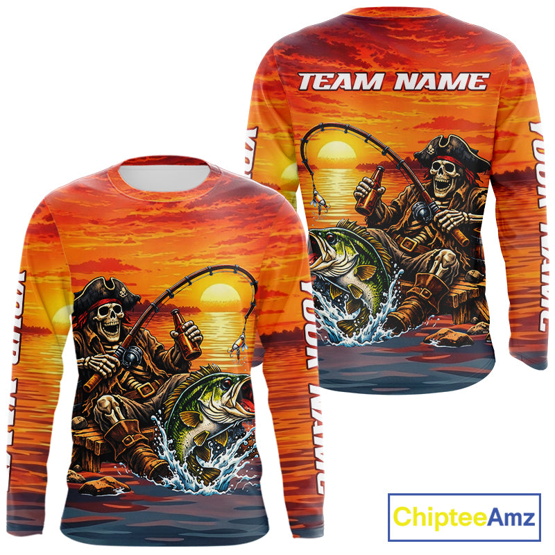 Skeleton Bass Fishing Shirts Long Sleeve – Sunset Fisherman Skull Design, Funny Fishing Gift For Anglers NHT536