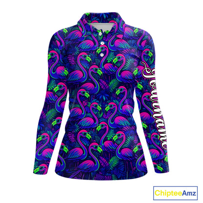 Womens Golf Polo Shirt Neon Flamingos Tropical Pattern Custom Name, Golfing Gifts NHT557