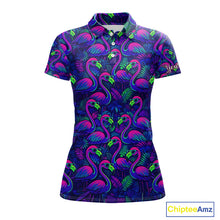 Load image into Gallery viewer, Womens Golf Polo Shirt Neon Flamingos Tropical Pattern Custom Name, Golfing Gifts NHT557