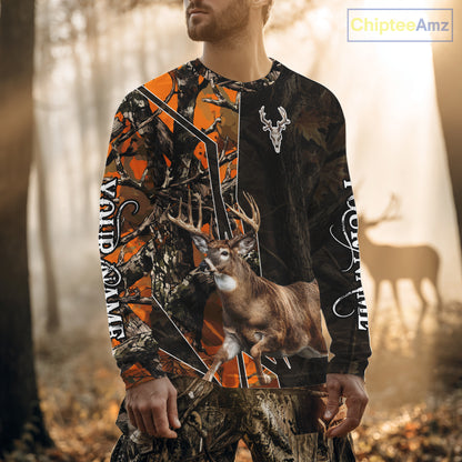 Deer Hunting Shirt 3D Orange Camo Black Custom Name With Deer Skull Whitetail, Hunting Gift NHT236
