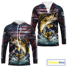 Load image into Gallery viewer, Personalized US Flag Walleye Fishing Shirts Long Sleeve Hooded, Patriotic Walleye Fishing Apparel NHT482