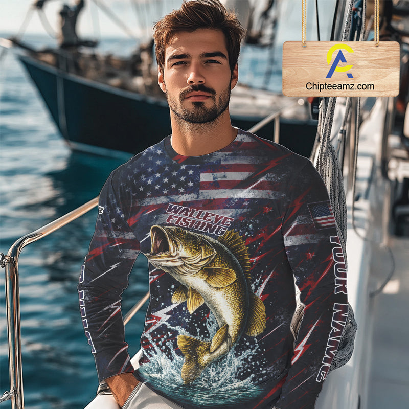 Personalized US Flag Walleye Fishing Shirts Long Sleeve, Patriotic Walleye Fishing Apparel NHT482