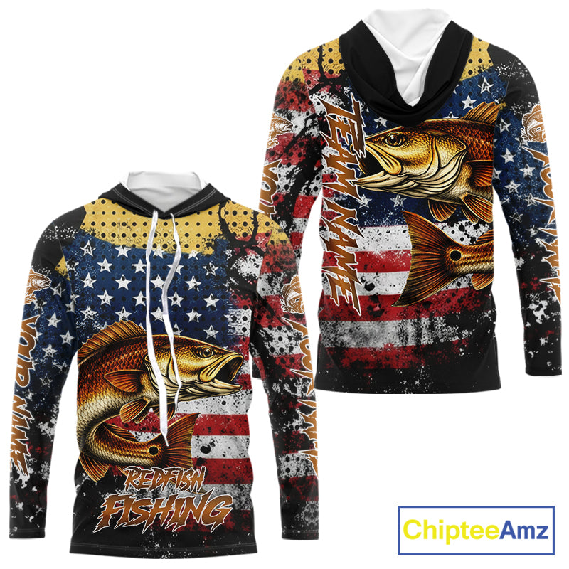 American Flag Custom Redfish Fishing Shirts Long Sleeve Hooded, Patriotic Redfish Fishing Jerseys NHT484