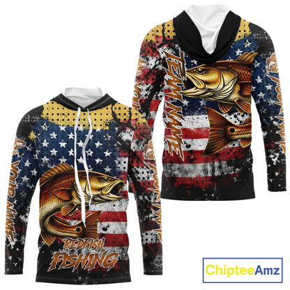 American Flag Custom Redfish Fishing Shirts Long Sleeve Hooded, Patriotic Redfish Fishing Jerseys NHT484