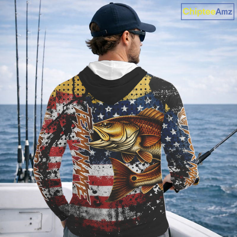 American Flag Custom Redfish Fishing Shirts Long Sleeve Hooded, Patriotic Redfish Fishing Jerseys NHT484