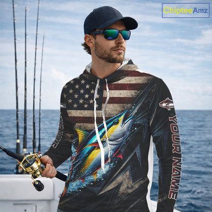 Patriotic Tuna Fishing Jerseys, Personalized American Flag Tuna Hooded Fishing Shirts Long Sleeve NHT581