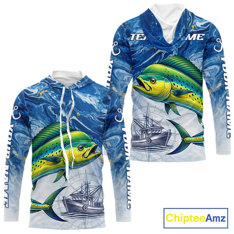Personalized Mahi Mahi Fishing Shirt With Ocean Wave Graphic, Hooded Long Sleeve Fishing Apparel NHT612