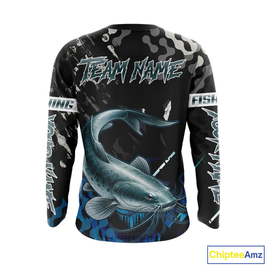 Black Camo Custom Catfish Fishing Shirts Long Sleeve, Catfish Fishing Jerseys For Men NHT499