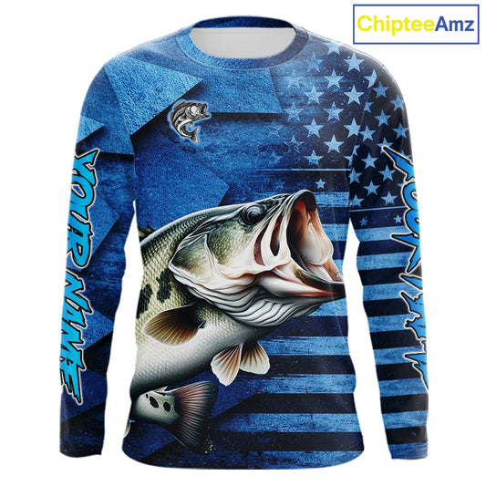 Bass Fishing Shirts Long Sleeve With American Flag, Personalized Bass Fishing Gift For Father Days NHT680