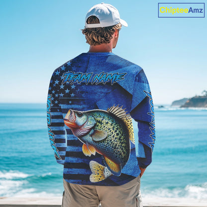 Crappie Fishing Shirts Long Sleeve With American Flag, Personalized Crappie Fishing Gift For Father Days NHT681
