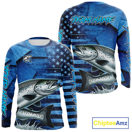 Chinook Salmon Fishing Shirts Long Sleeve With American Flag, Personalized Salmon Fishing Gift For Father Days NHT682