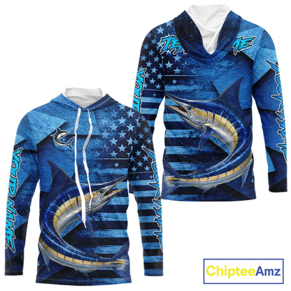 Marlin Hooded Fishing Shirts Long Sleeve With American Flag, Personalized Marlin Fishing Gift For Father Days NHT683
