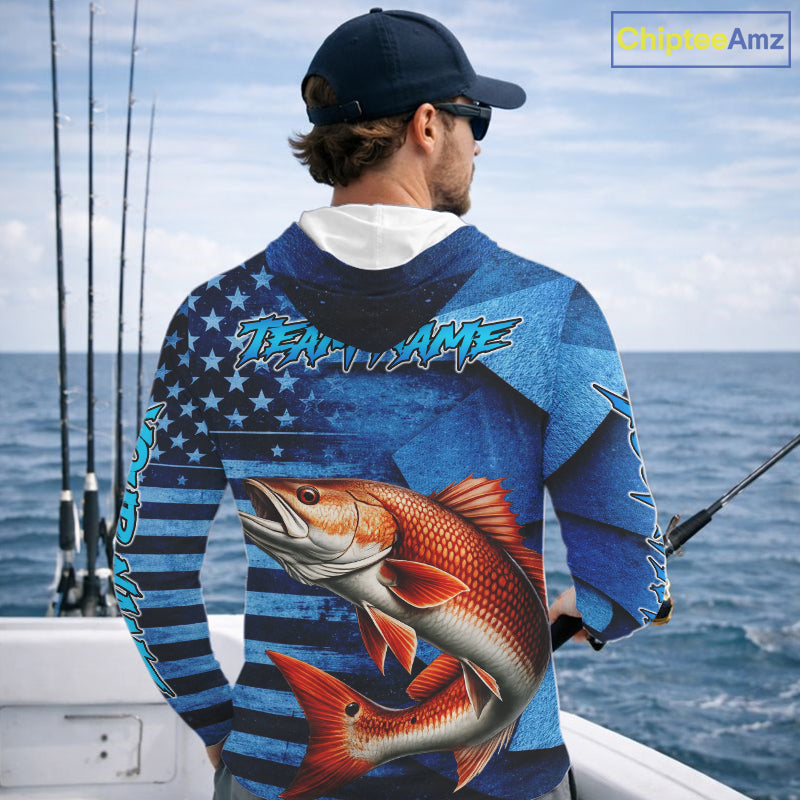 Redfish Hooded Fishing Shirts Long Sleeve With American Flag, Personalized Redfish Fishing Gift For Father Days NHT685