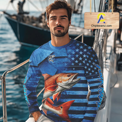 Redfish Fishing Shirts Long Sleeve With American Flag, Personalized Redfish Fishing Gift For Father Days NHT685