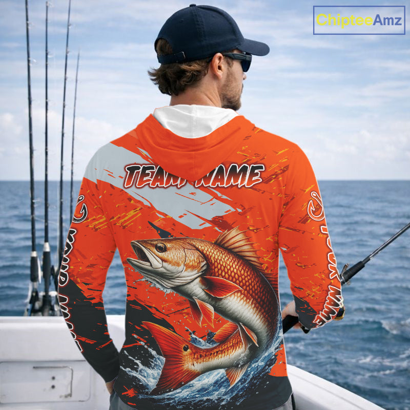 Custom Redfish Fishing Tournament Jerseys, Red Drum Orange Hooded Fishing Shirts Long Sleeve  NHT572