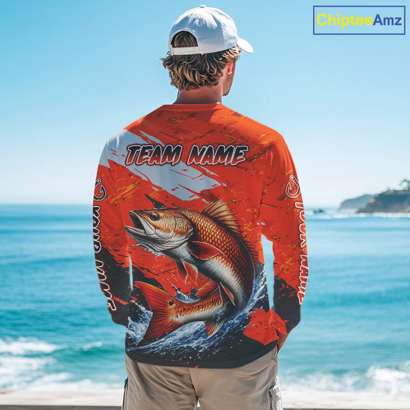Custom Redfish Fishing Tournament Jerseys, Red Drum Orange Fishing Shirts Long Sleeve  NHT572