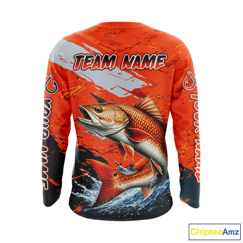 Custom Redfish Fishing Tournament Jerseys, Red Drum Orange Fishing Shirts Long Sleeve  NHT572