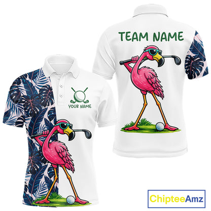 Funny Flamingo Mens Golf Polo Shirts Blue Tropical Flamingo Custom Name, Golf Gifts NBT563