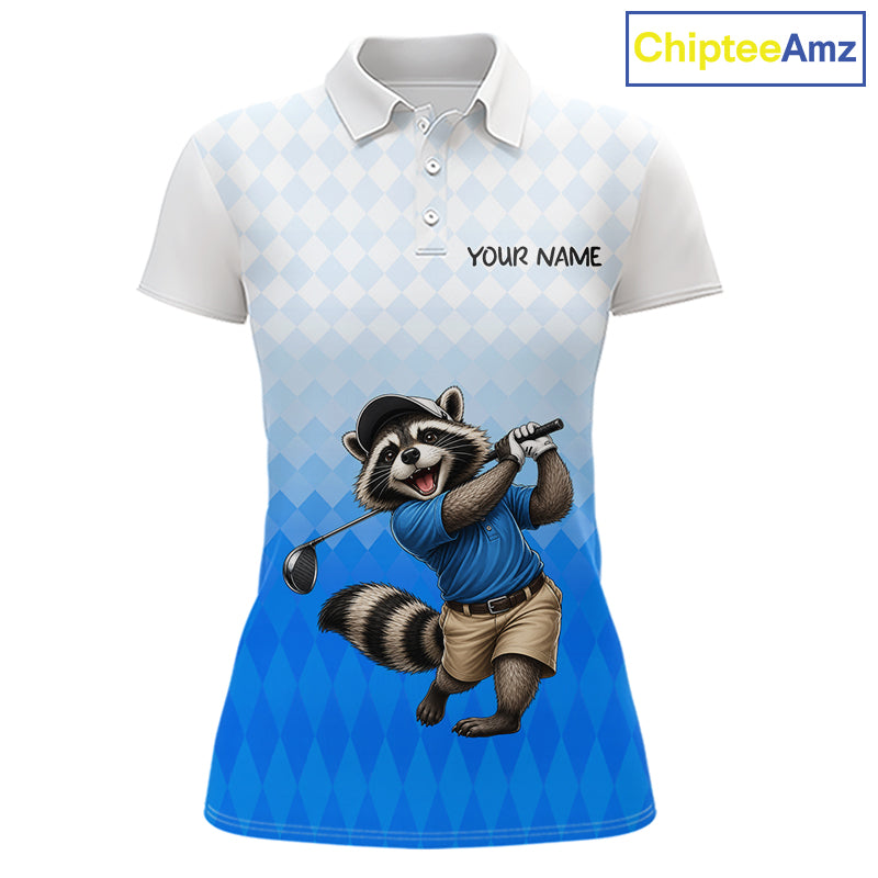 Funny Raccoon Golf Polo Shirt Personalized Name Custom Golf Shirt Golfer Gift For Womens NBT887