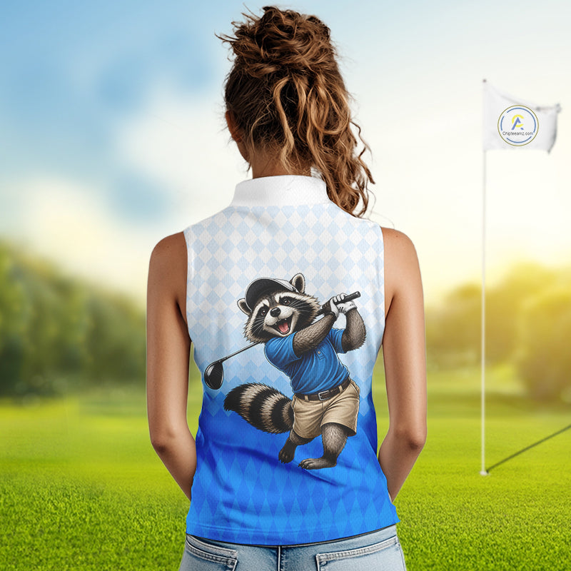 Funny Raccoon Sleeveless Golf Polo Shirt Personalized Name Custom Golf Shirt Golfer Gift For Womens NBT887