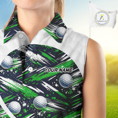 Womens Sleeveless Golf Polo Shirts Custom Black And Green Golf Ball Pattern Golf Attire For Ladies, Golfer Gifts NBT574